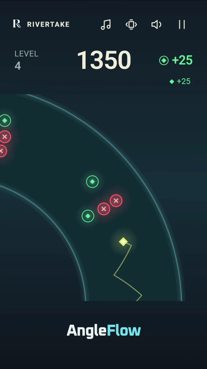 Echtes AngleFlow-Gameplay: eine Kurve mit grünen Sammelobjekten und roten Hindernissen