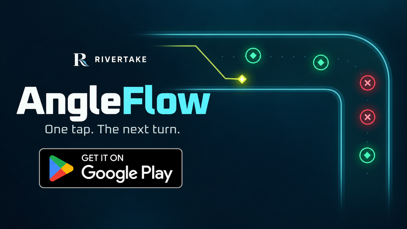 AngleFlow-Werbeplakat mit Rivertake-Logo, leuchtendem Kanal und Google-Play-Badge