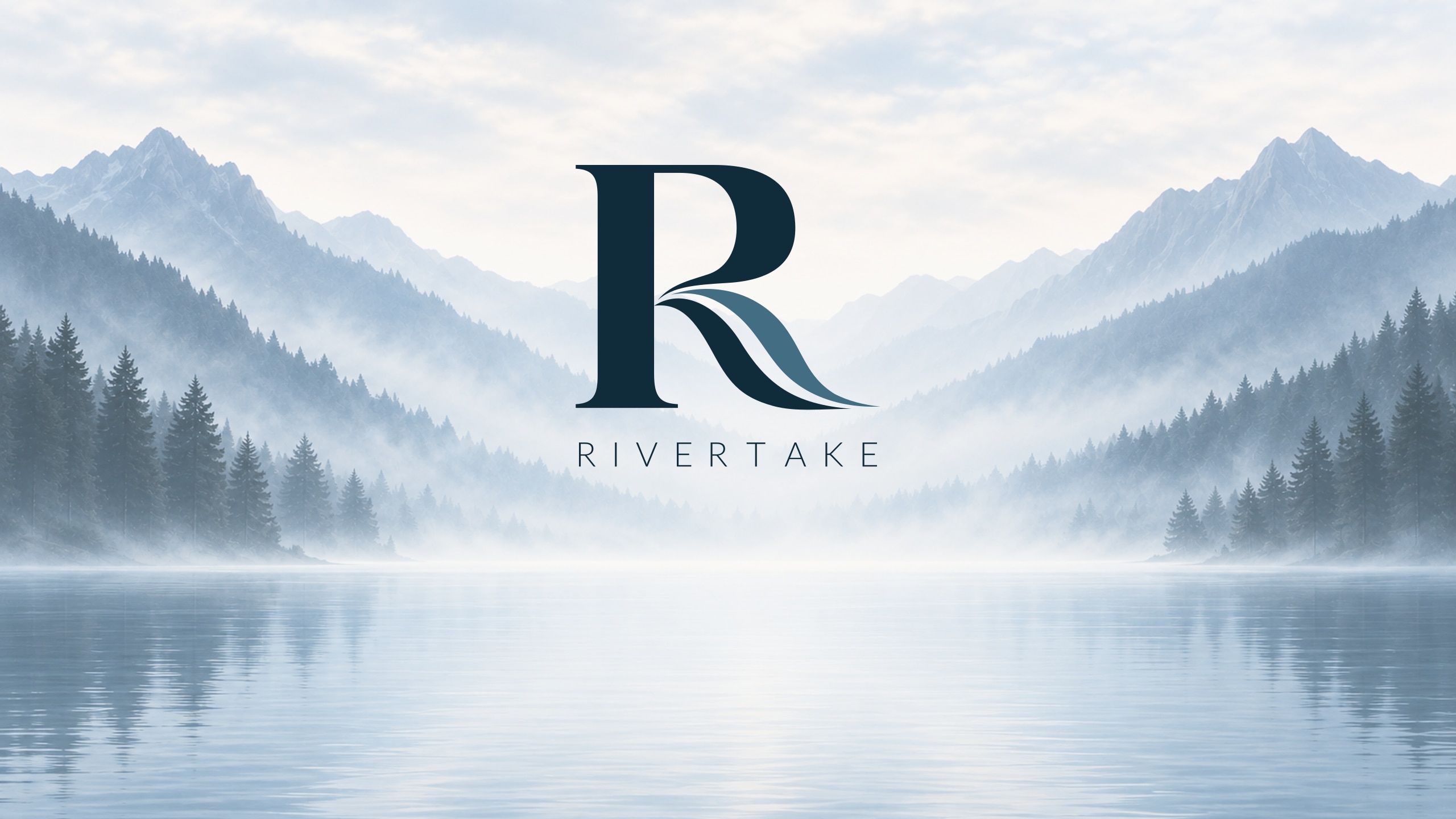 Das zweifarbige Rivertake-Logo vor einem nebligen See mit Bergen und Wäldern