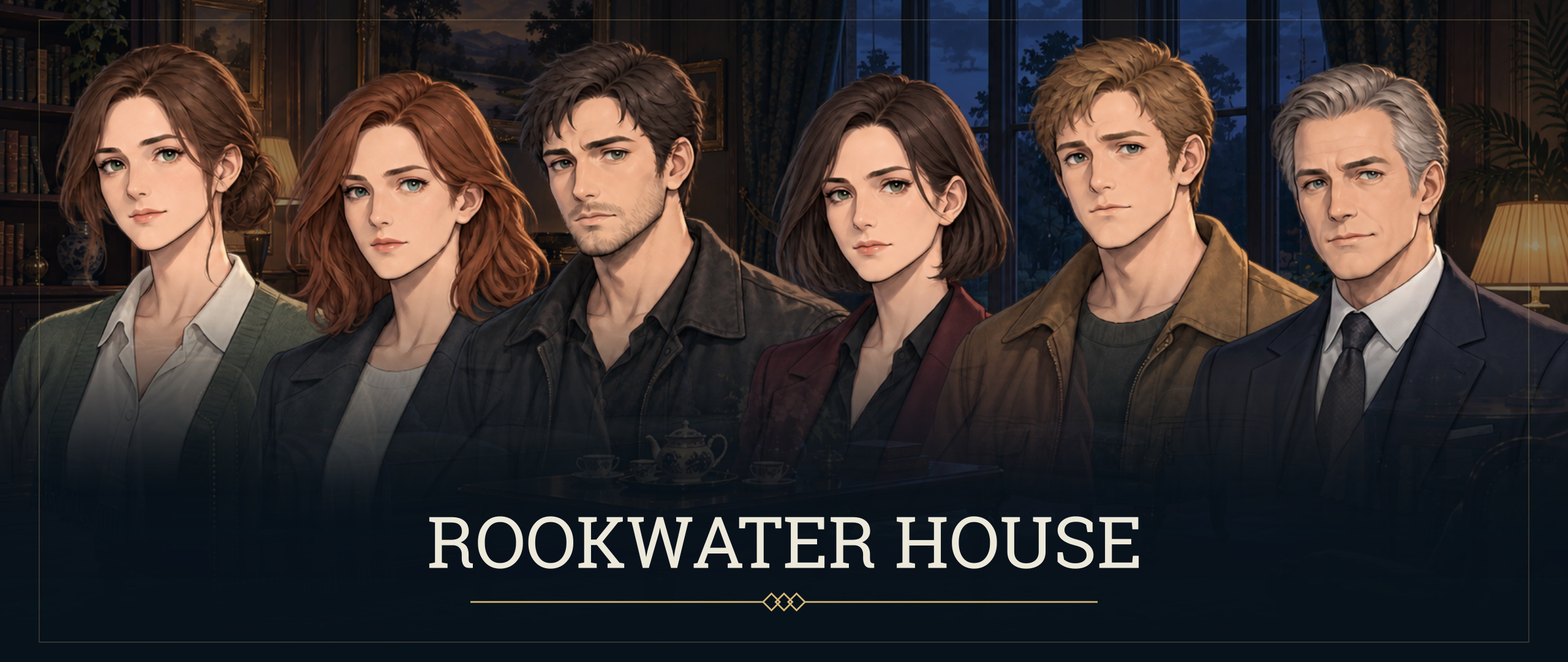 Rookwater House: six characters in a dark drawing room above the game title
