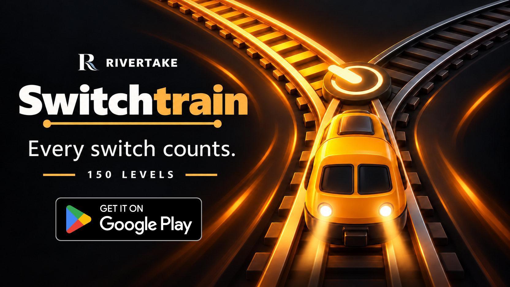 Switchtrain promotional artwork: golden train, glowing switch, Rivertake logo and Google Play badge